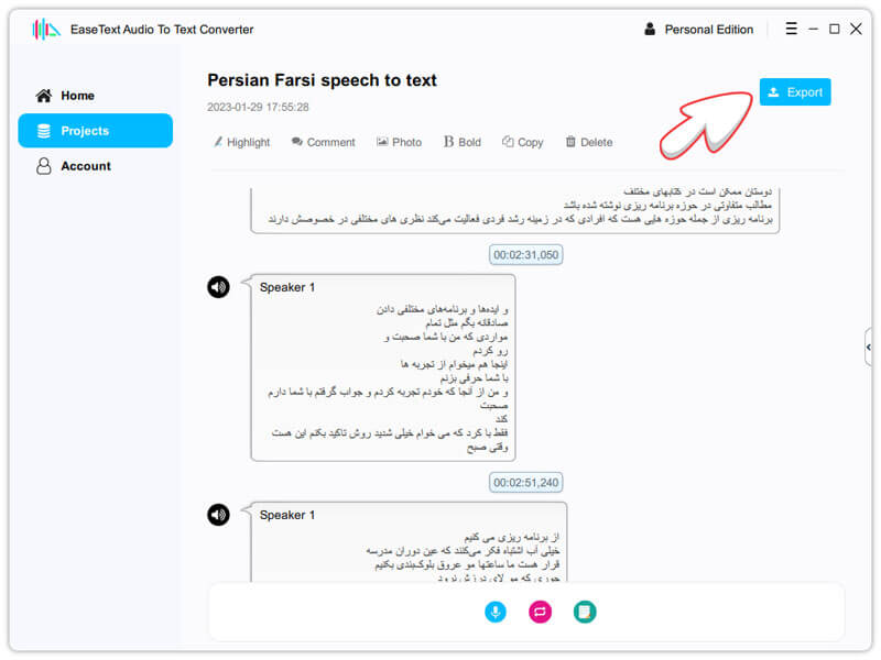 Save text to document file after Converting Persian Farsi Speech to Text