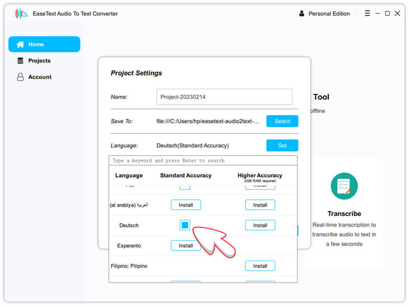 select language in Easetext Audio to text converter