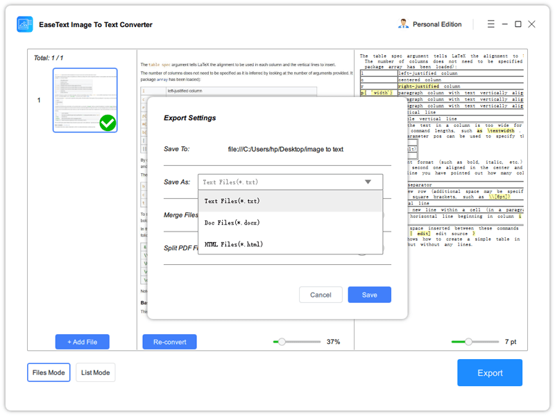 convert JPG to Text and save as a document file