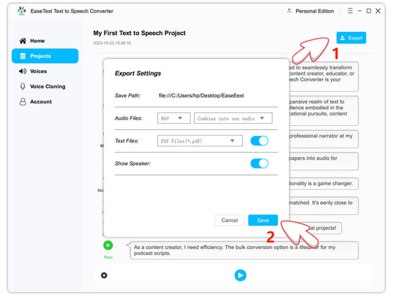 Save audio files on computer after converting Text to speech