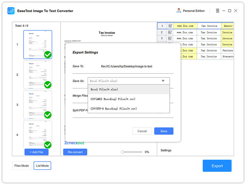 extract text from multiple images and save as csv, xlsx