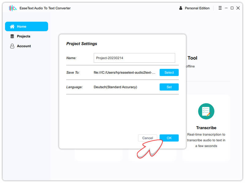OK to set language in Easetext Audio to text converter