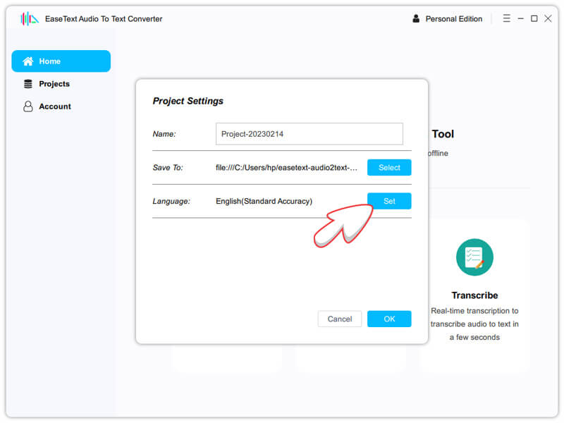 Set Language In EaseText Audio to Text Converter