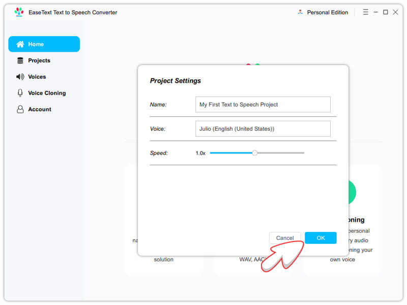 Start the TTS(Text to Speech) project on the software